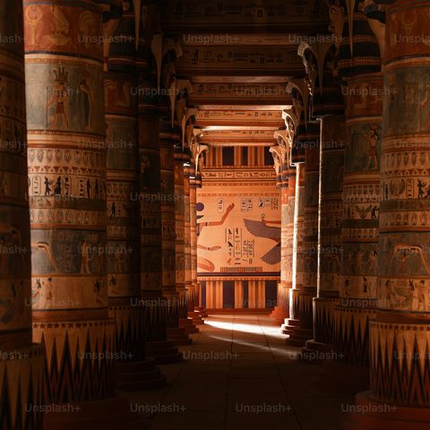 Painted columns lining a temple hall in Egypt